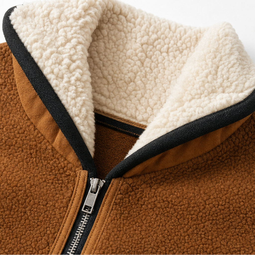 Sherpa-lined half-zip pullover collar detail with black binding and metal zipper