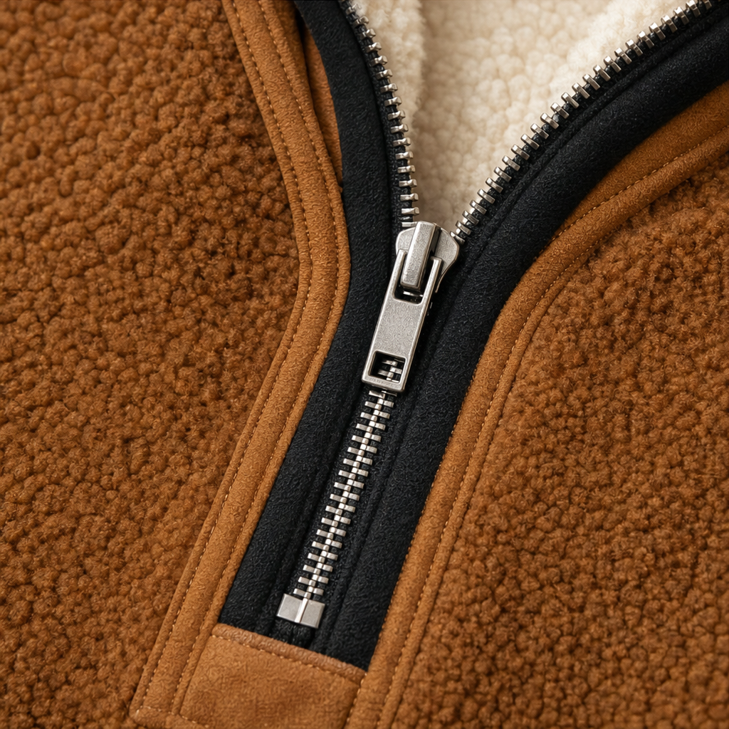 Half-zip placket close-up with metal zipper and black inner trim on brown fleece