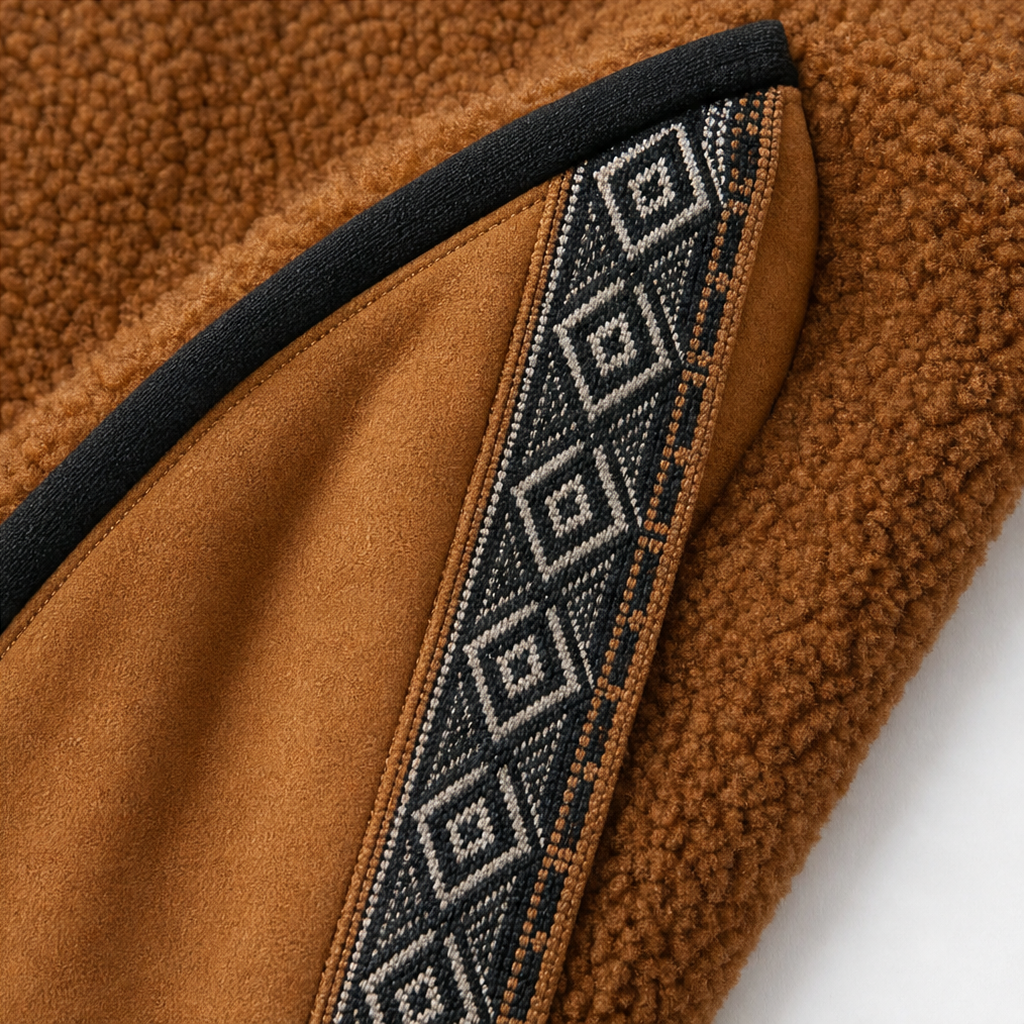 Geometric patterned trim on brown and tan half-zip pullover sleeve with black edging
