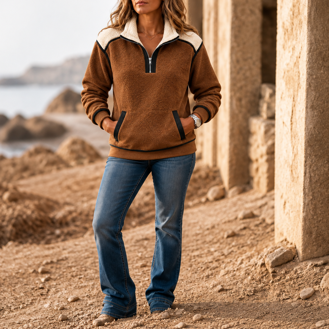 Brown sherpa half-zip pullover with cream colorblock yoke and dark pocket details