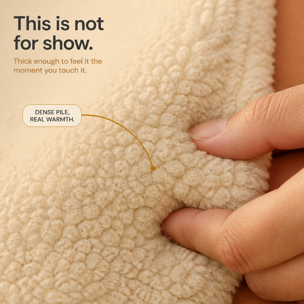 Beige sherpa-look fleece fabric close-up with dense pile texture