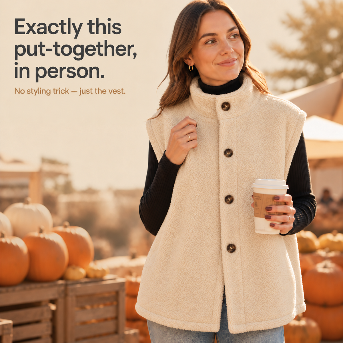 Beige sherpa-look fleece vest with front buttons and stand collar, sleeveless