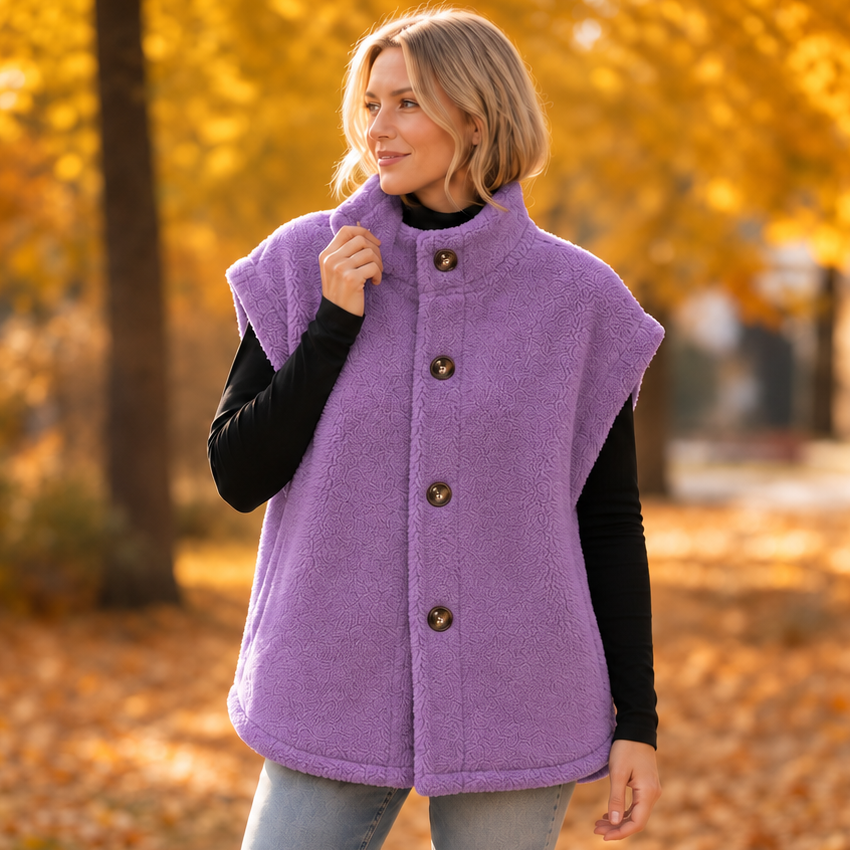 Purple sherpa-look fleece vest with button front and stand collar, sleeveless