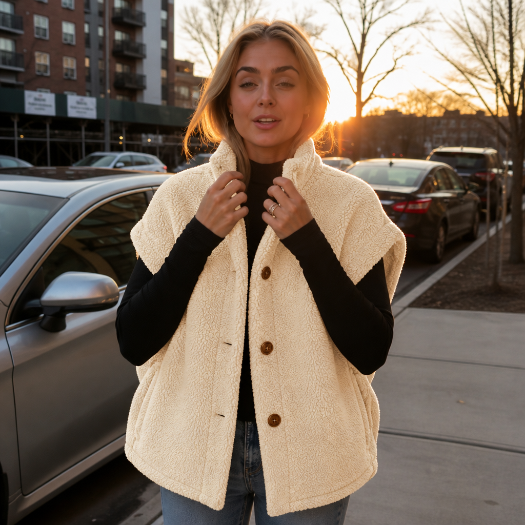 Beige sherpa-look fleece vest with button front and stand collar, worn over sleeves