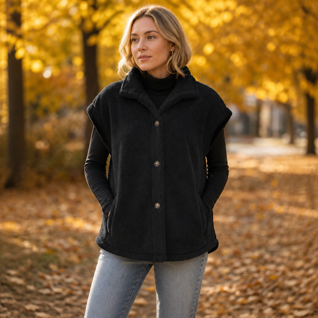 Black sherpa fleece-look vest with button-front and stand collar