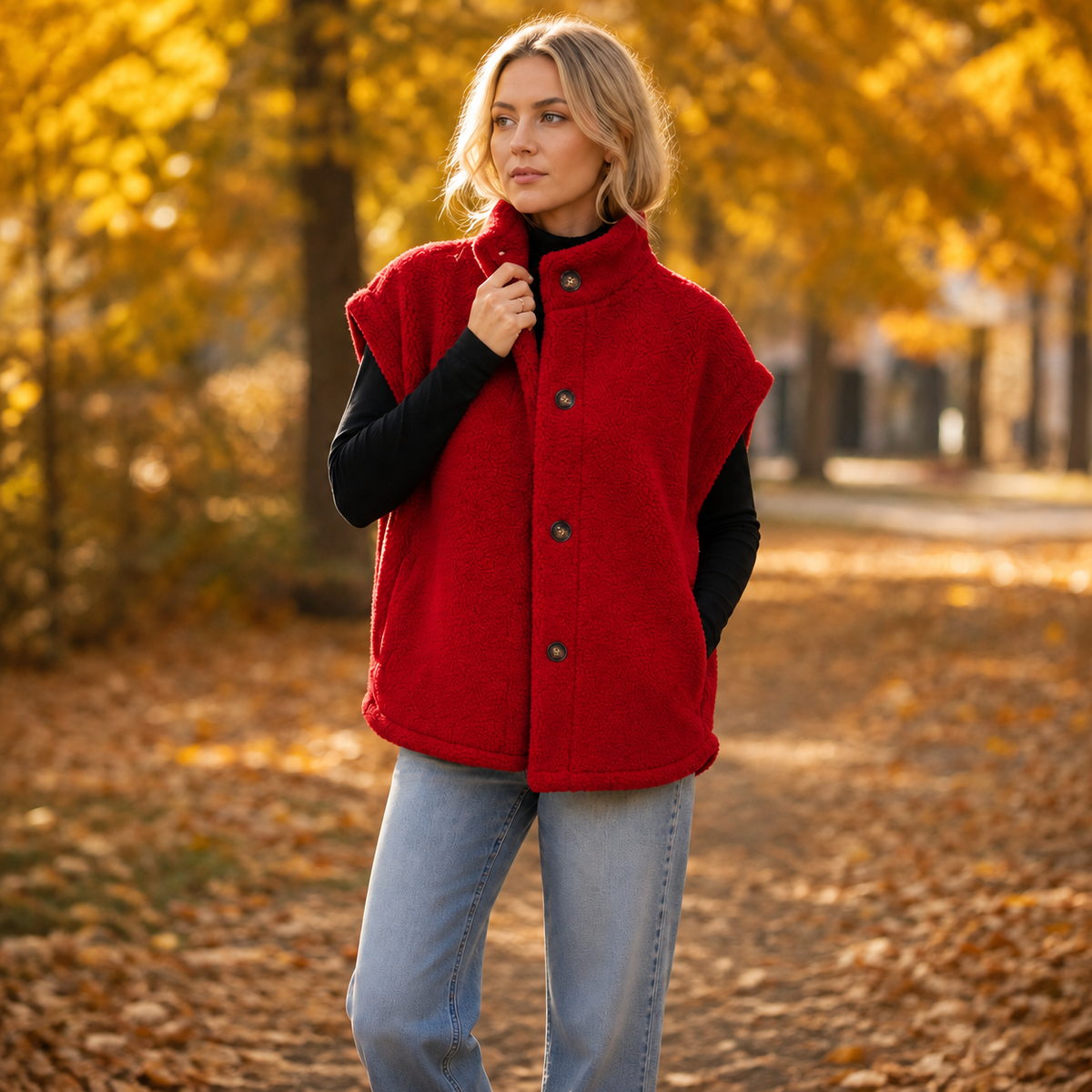 Burgundy sherpa fleece-look vest with button-front and stand collar