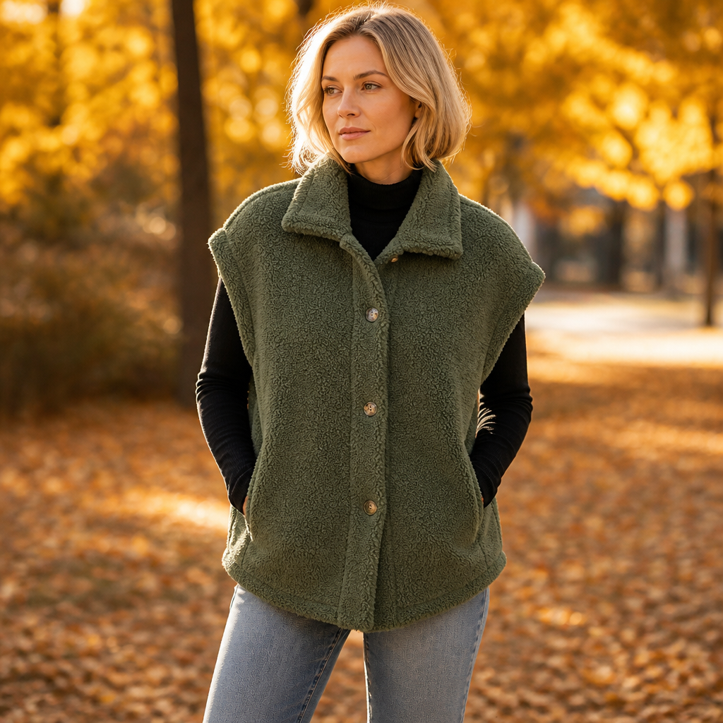 Green sherpa fleece-look vest with button-front and stand collar