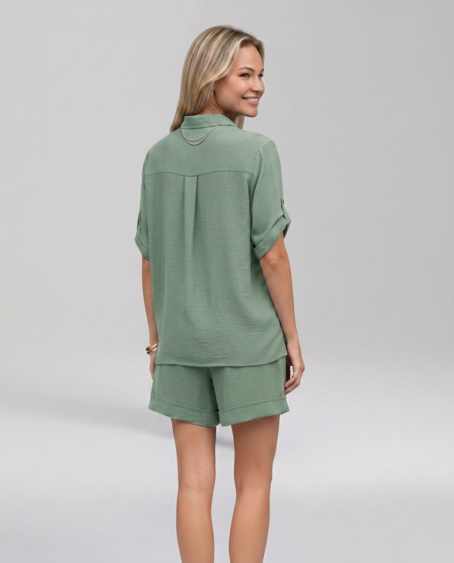 Green short-sleeve collared shirt and matching shorts set, back view