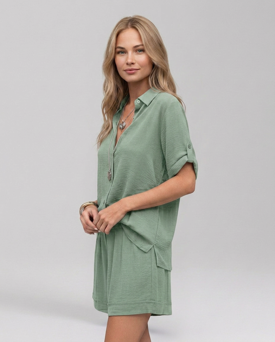 Green short-sleeve collared shirt and matching shorts set, front view
