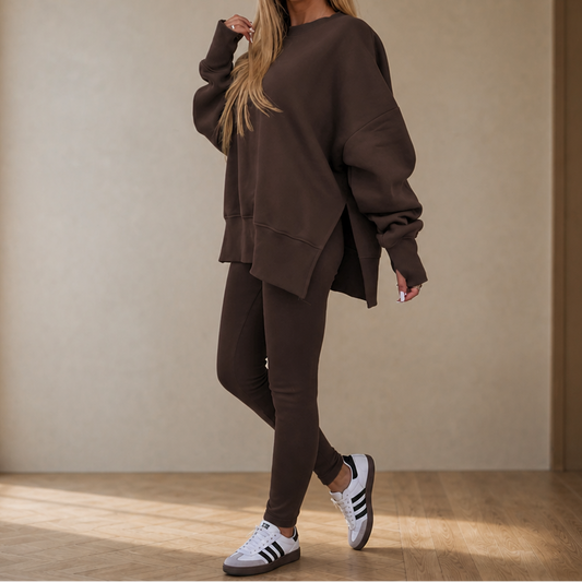 Brown sweatshirt and leggings set, long sleeves, side-slit sweatshirt hem