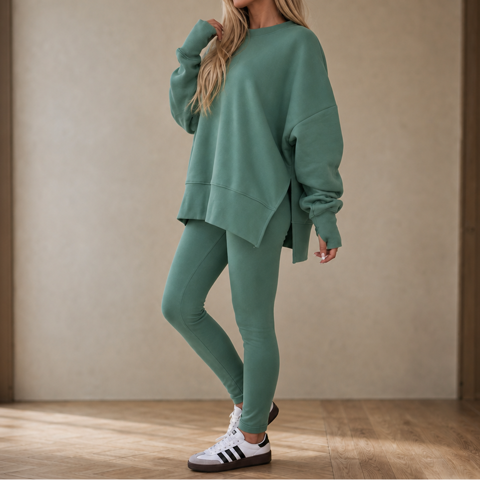 Green sweatshirt and leggings set, long sleeves, side-slit sweatshirt hem