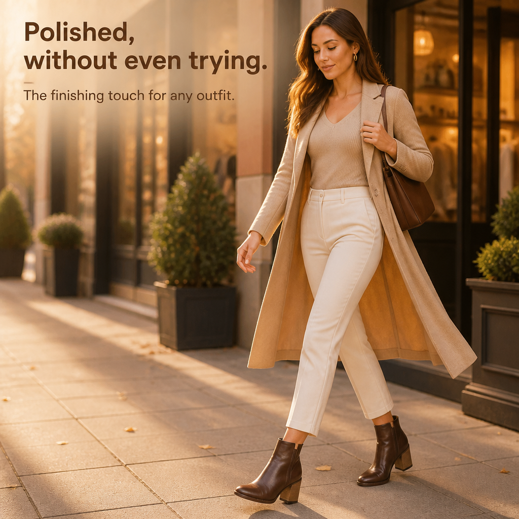 Brown leather ankle boots with block heel, pull-on design, angled front view.