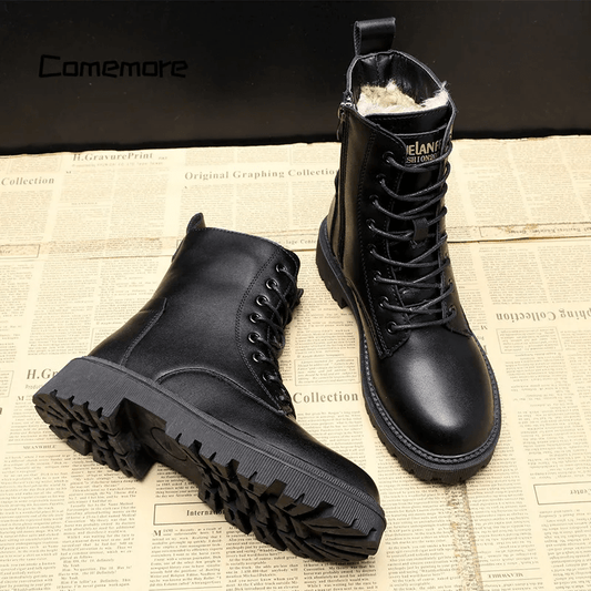 Black lace-up combat boots with thick lug sole and cushioned opening