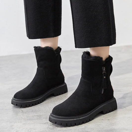 Black suede ankle boots with faux-fur cuff, side zipper, and chunky lug sole