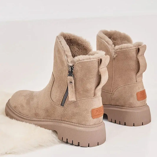 Beige suede ankle boots with faux-fur cuffs and side zipper detail on lug sole