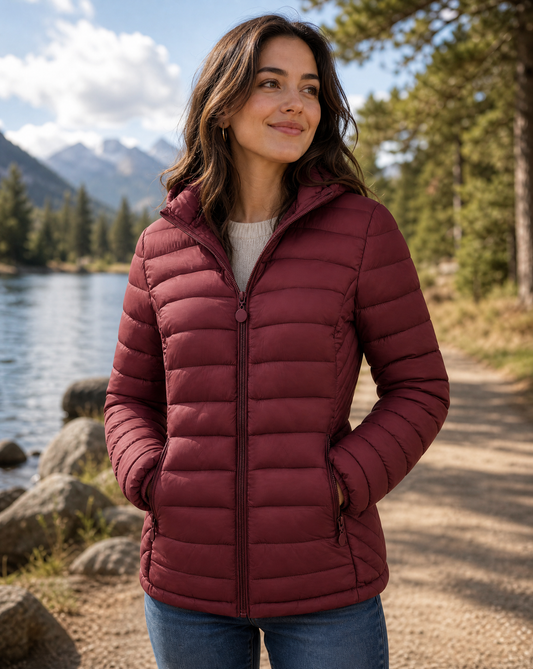 Quilted hooded puffer jacket in burgundy with stand collar and long sleeves