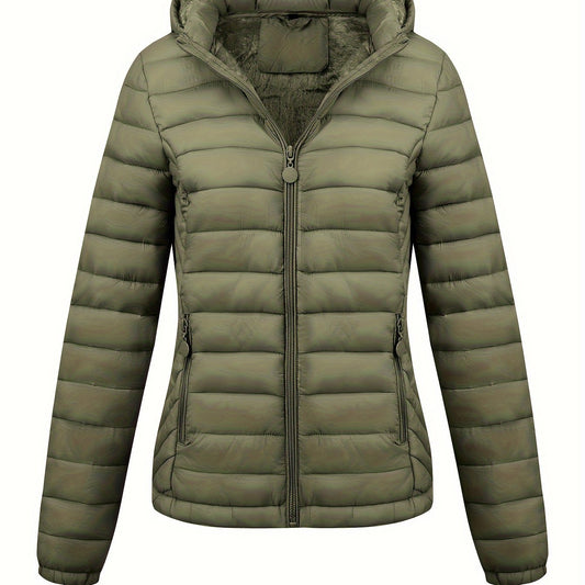Olive green quilted hooded puffer jacket with front zipper and padded hood
