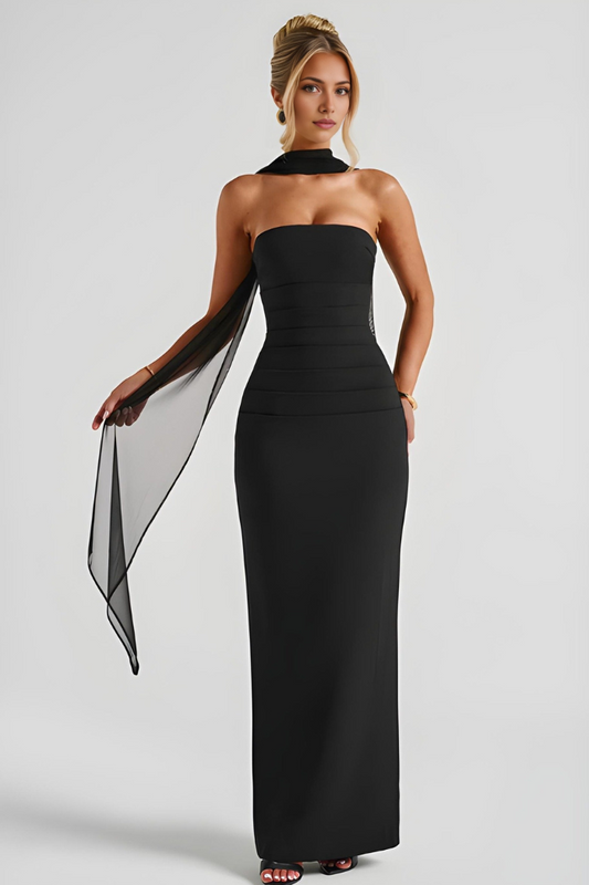 Black strapless bodycon maxi dress with draped scarf at side