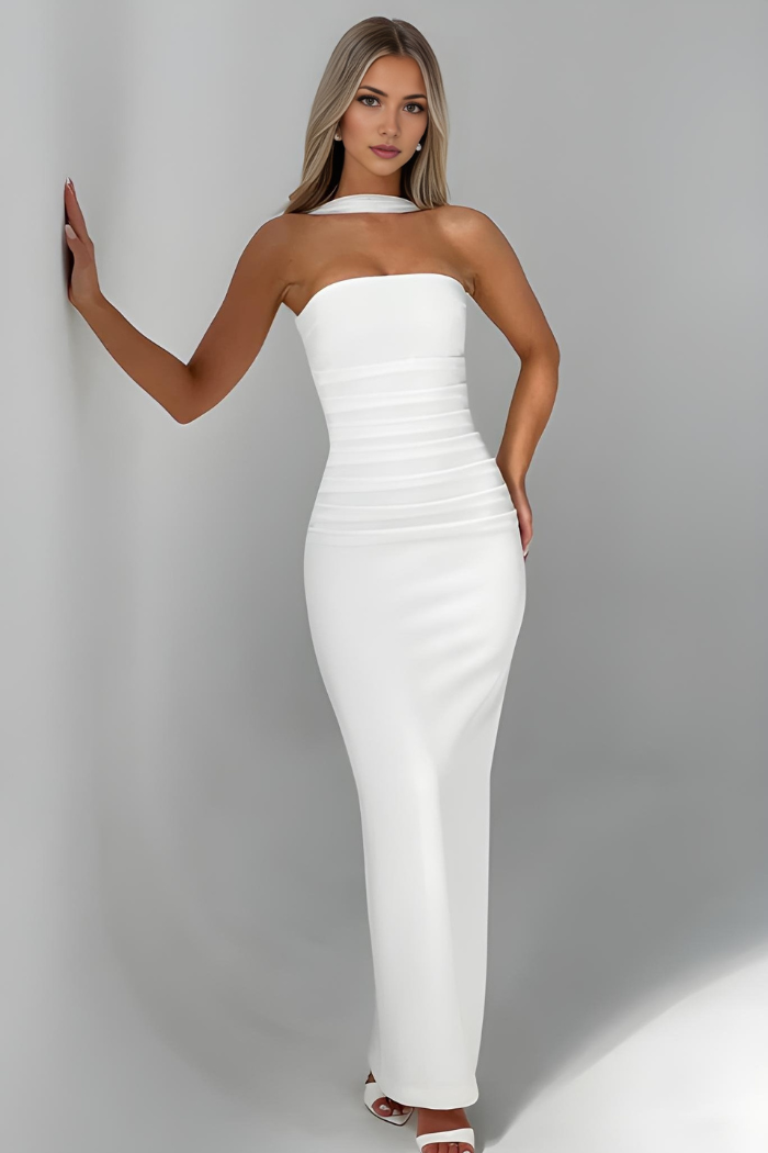 White strapless bodycon maxi dress with ruched bodice and long draped scarf