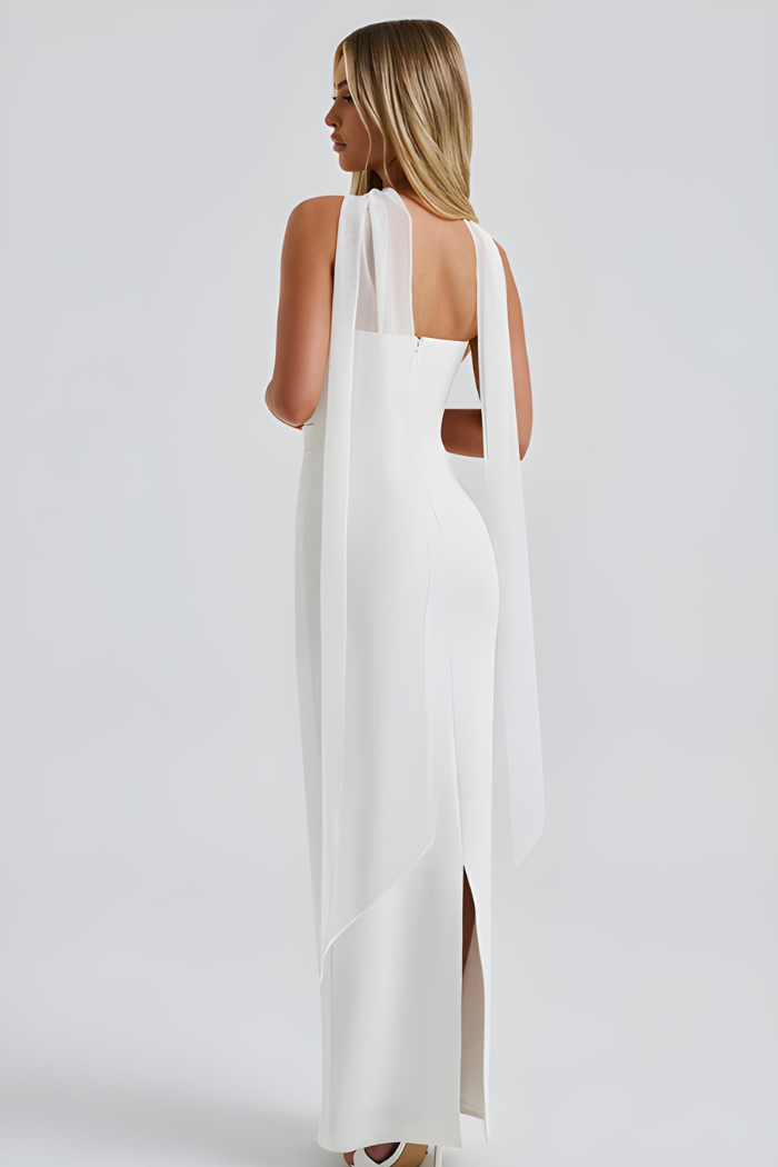 White strapless bodycon maxi dress with open back and cascading back scarf