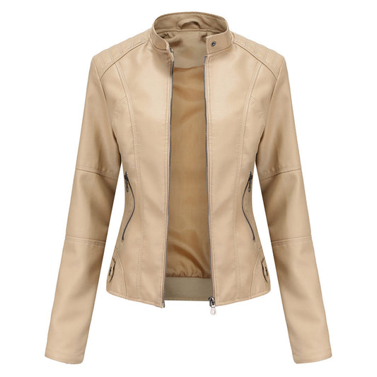 Women's beige leather jacket with notched lapels and center zip