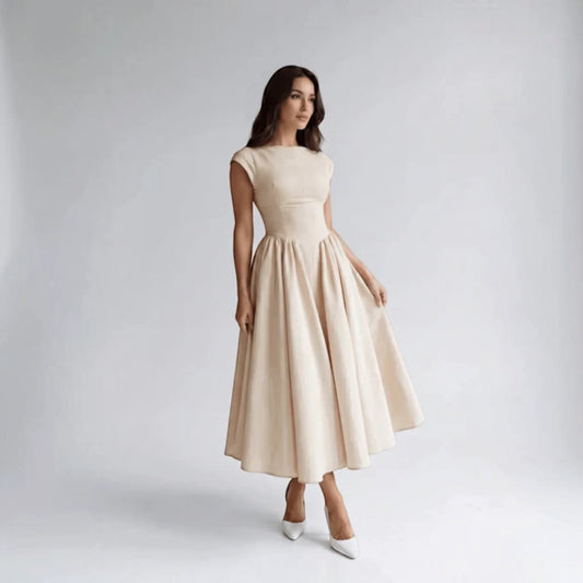 Beige sleeveless fit-and-flare midi dress, gathered waist and full pleated skirt