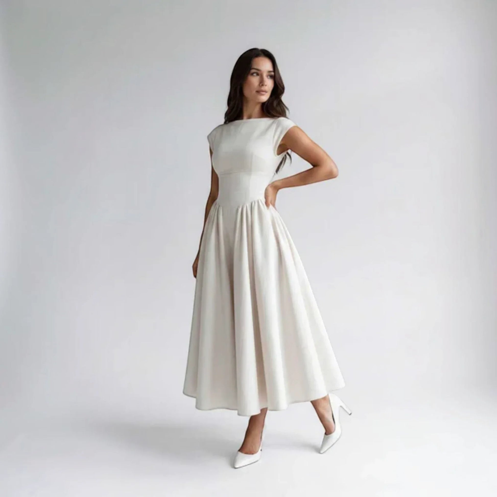 Cream sleeveless fit-and-flare midi dress with round neckline and pleated flare