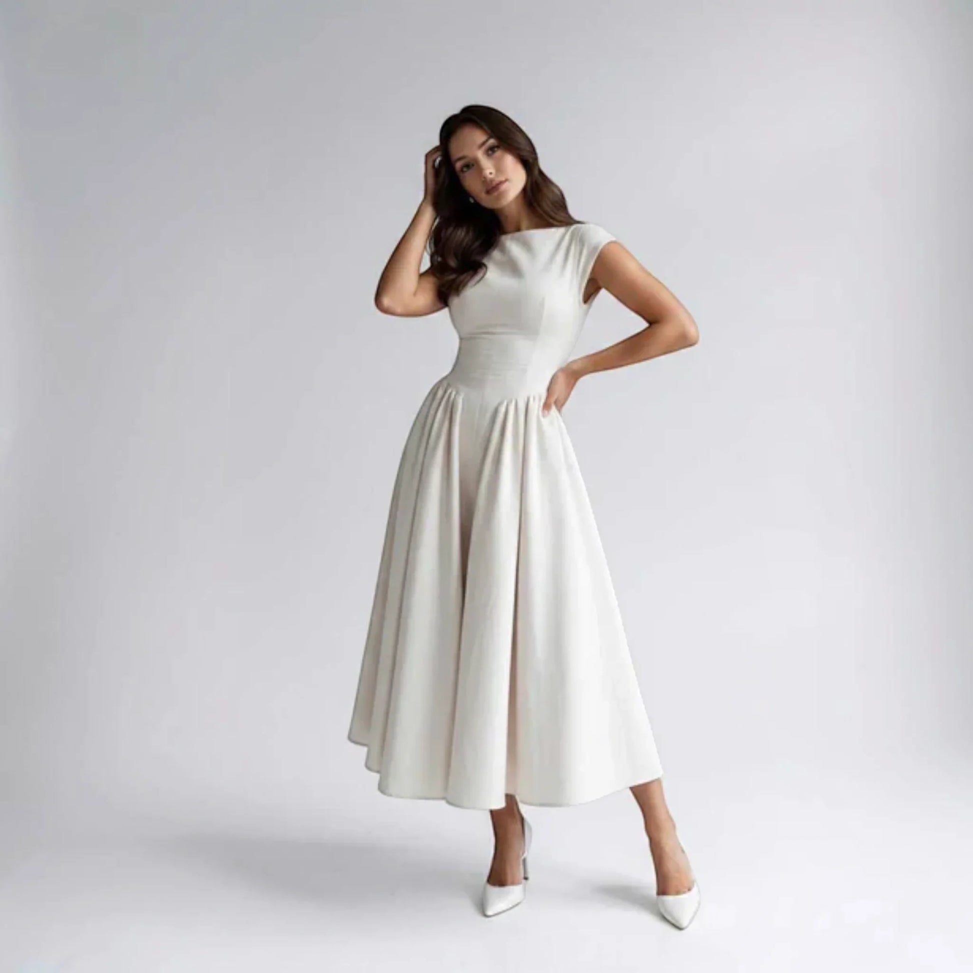Ivory sleeveless fit-and-flare midi dress with round neckline and cinched waist