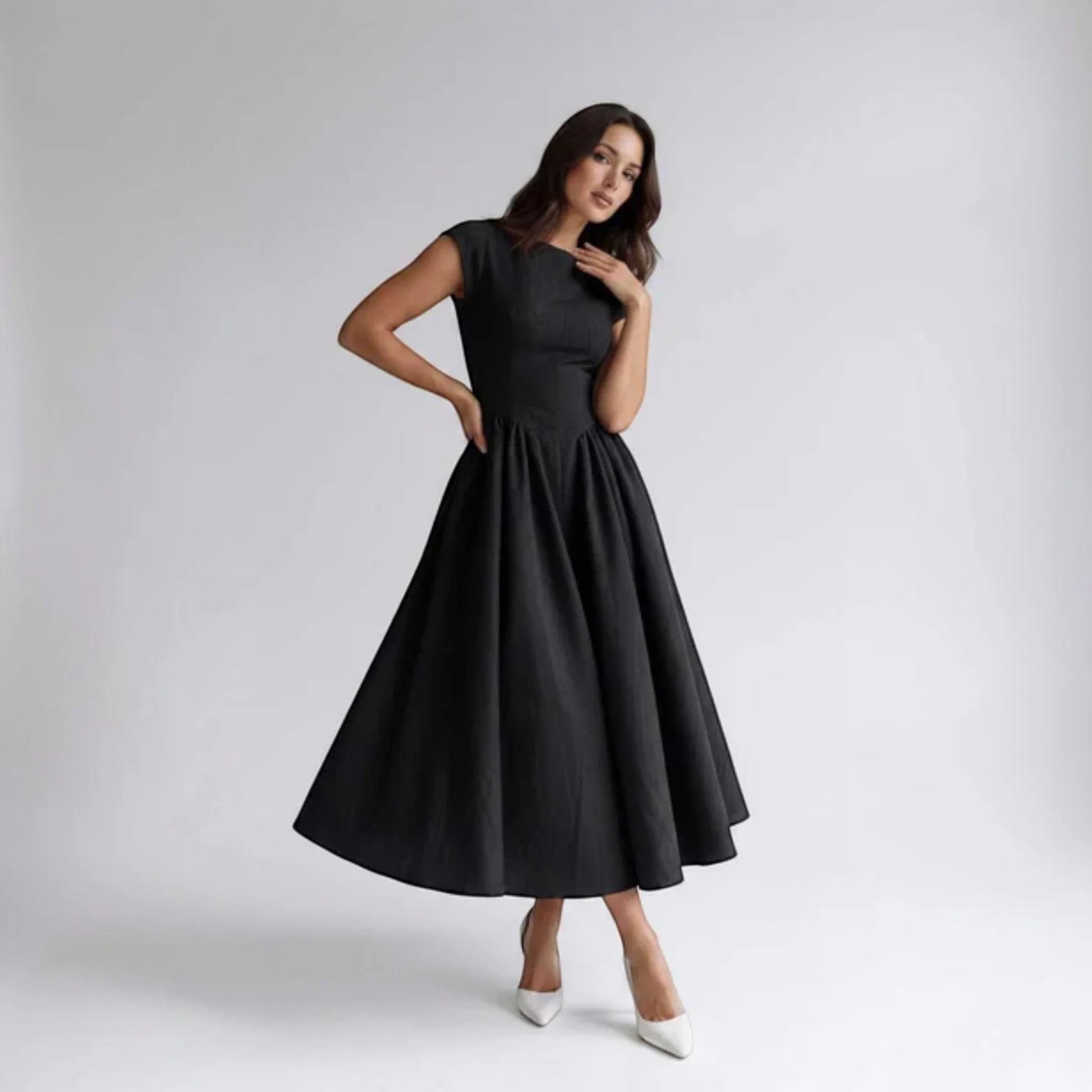 Black sleeveless fit-and-flare midi dress with round neckline and full skirt