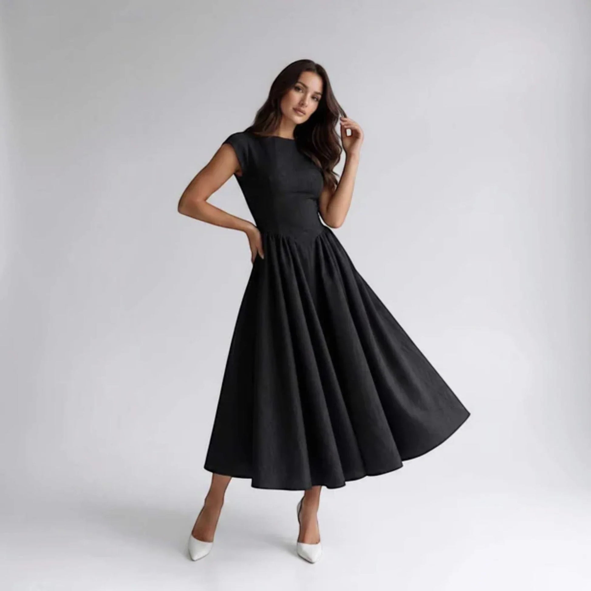 Black sleeveless fit-and-flare midi dress with round neckline and flared hem