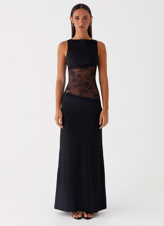 Black sleeveless lace cutout maxi dress with sheer midsection