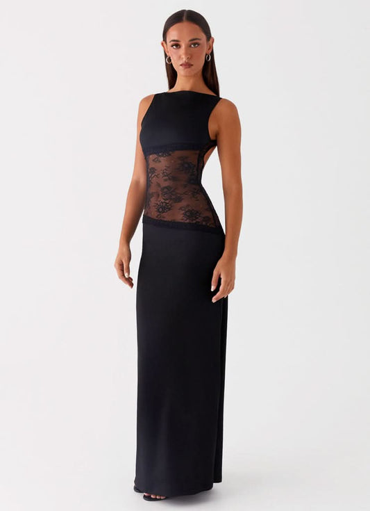 Blue sleeveless lace cutout maxi dress with sheer lace panel