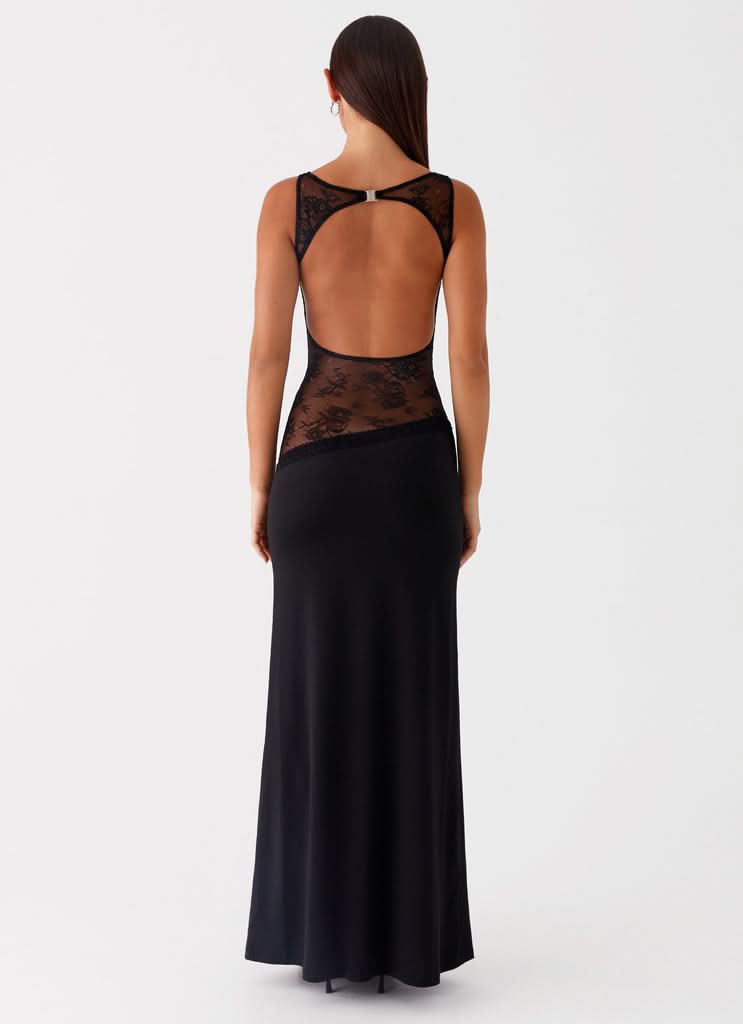 Black sleeveless lace cutout maxi dress, open back with lace detail