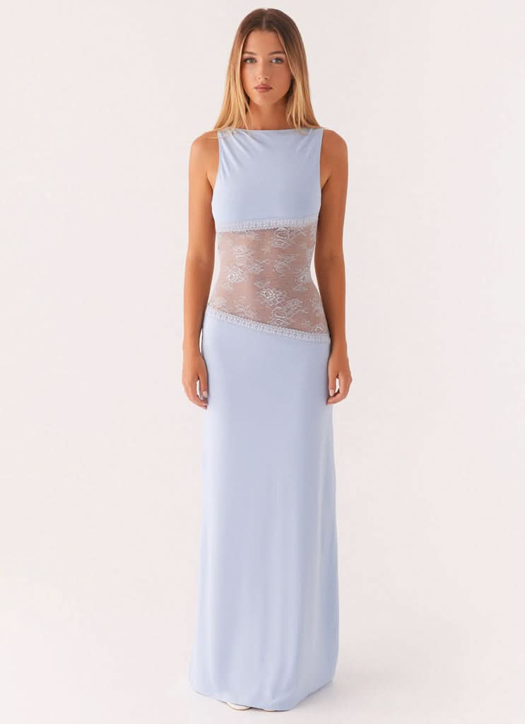 Light blue sleeveless lace cutout maxi dress with sheer lace chest panel