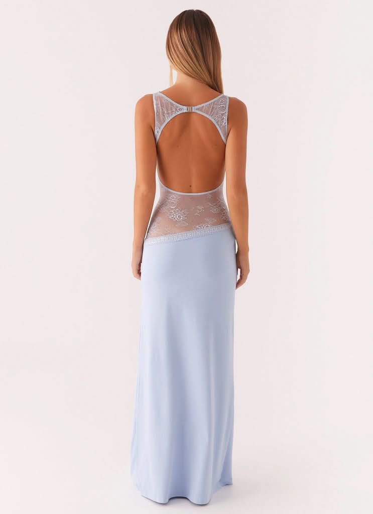 Light blue lace cutout maxi dress, open back with sheer lace yoke
