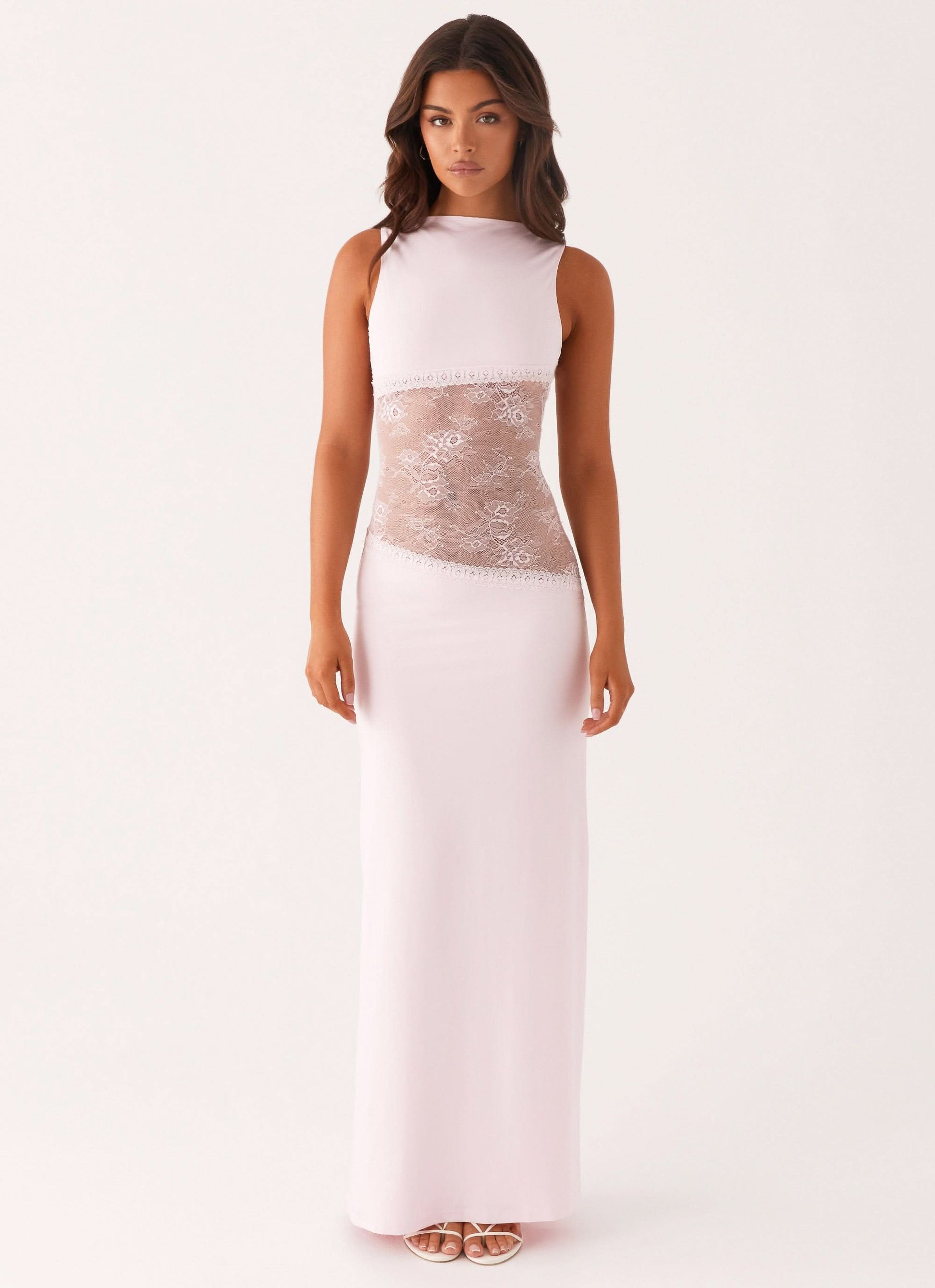 Blush sleeveless lace cutout maxi dress with sheer lace bodice