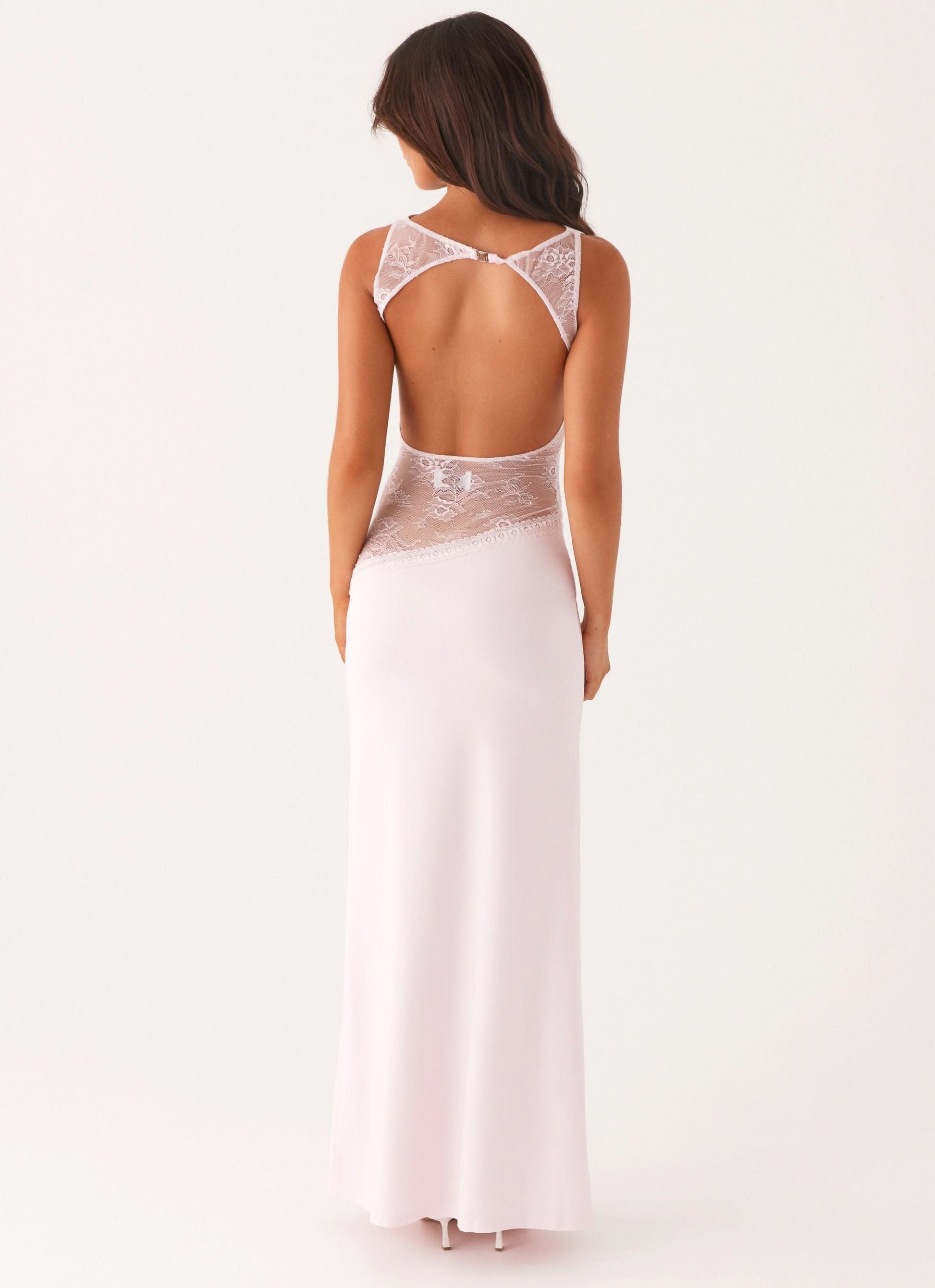 Blush lace cutout maxi dress, open back with sheer lace panel