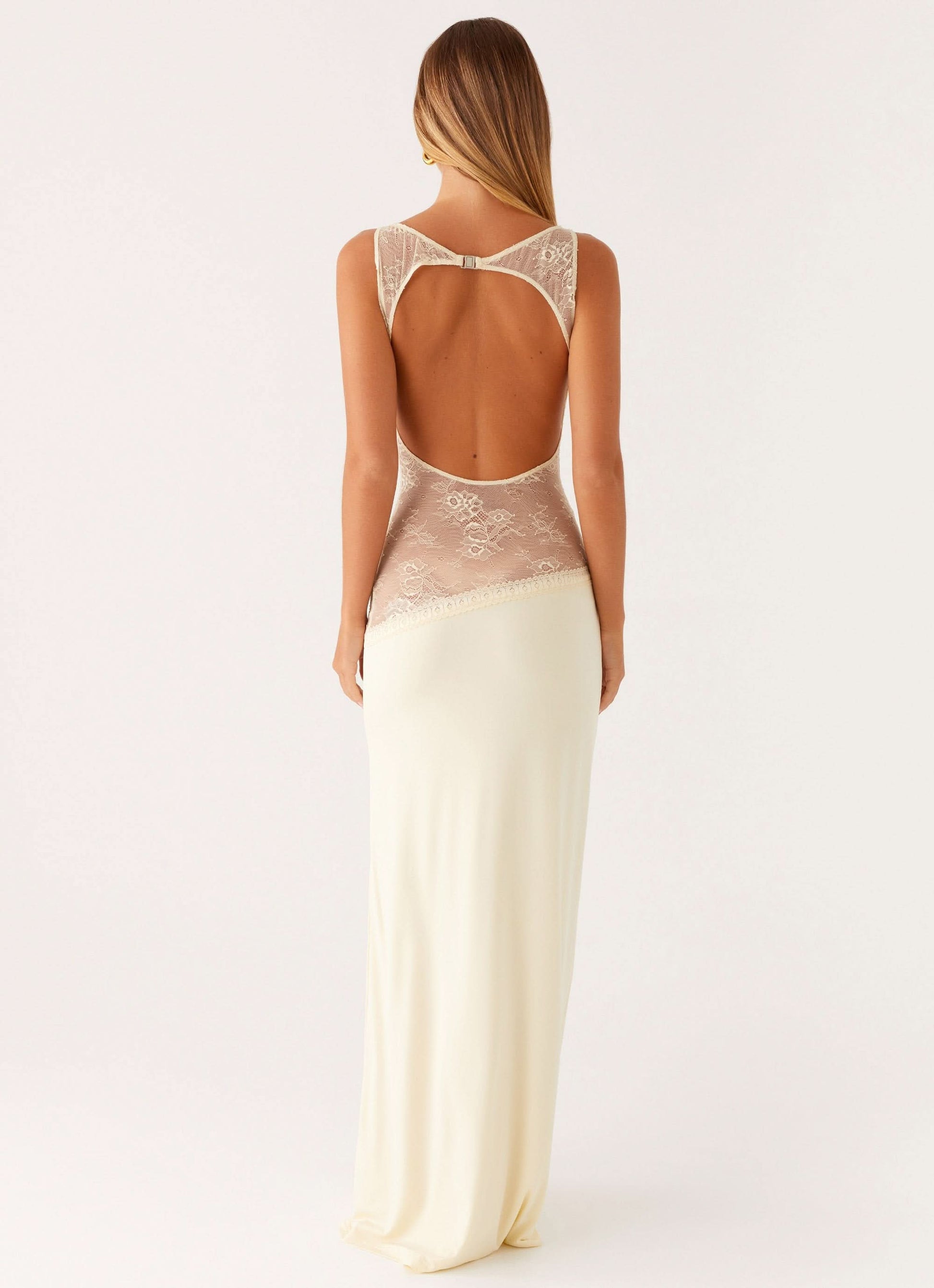Cream lace cutout maxi dress, open back with sheer lace bodice
