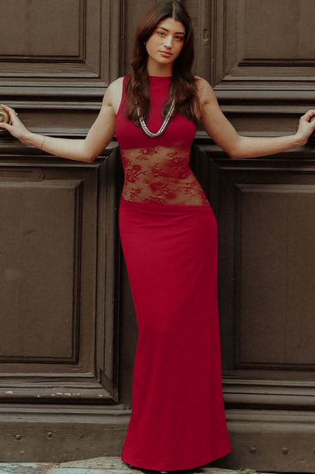 Red sleeveless lace cutout maxi dress with sheer lace bodice panel