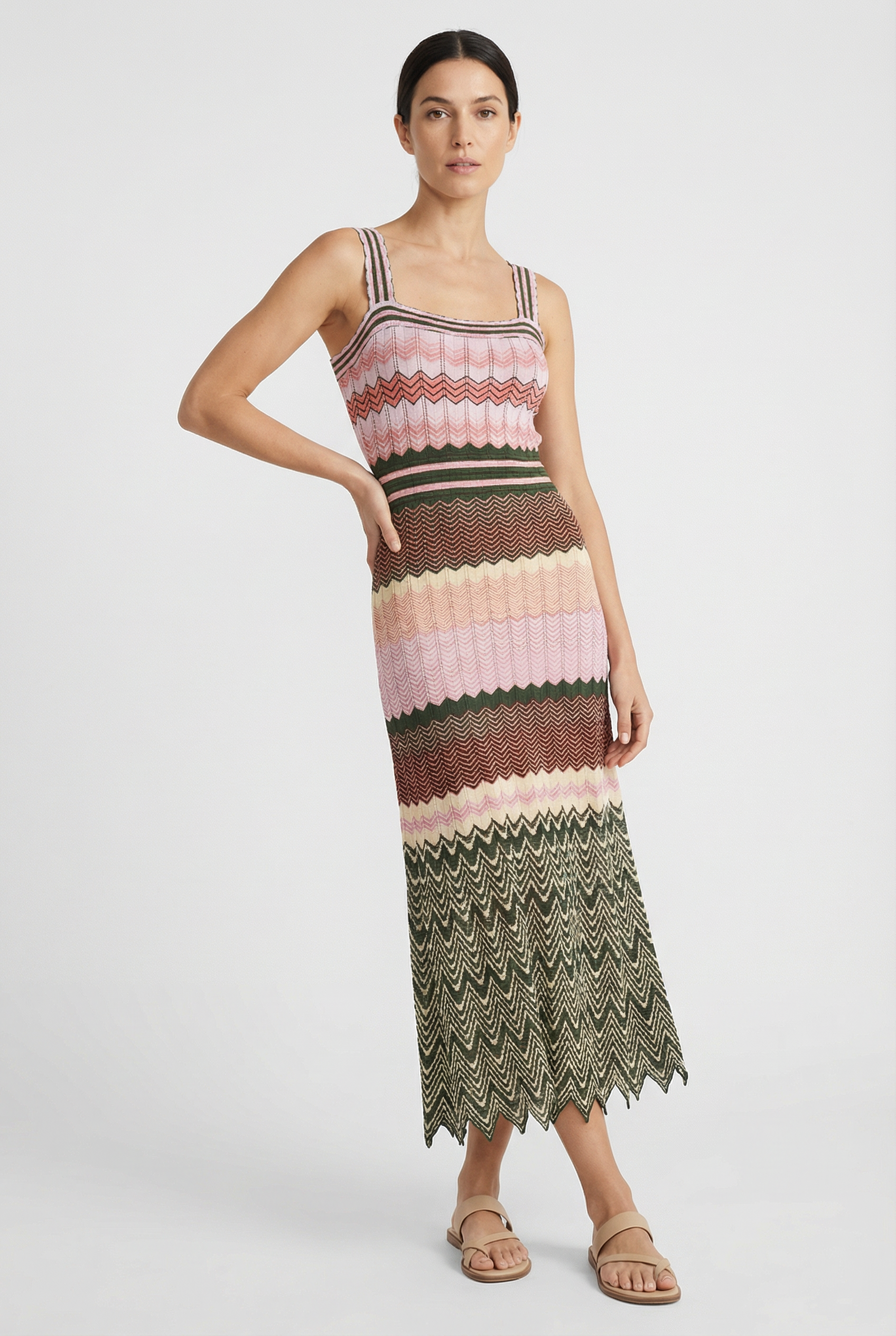 Pink chevron sleeveless maxi dress, scoop neck, ribbed striped knit bodice