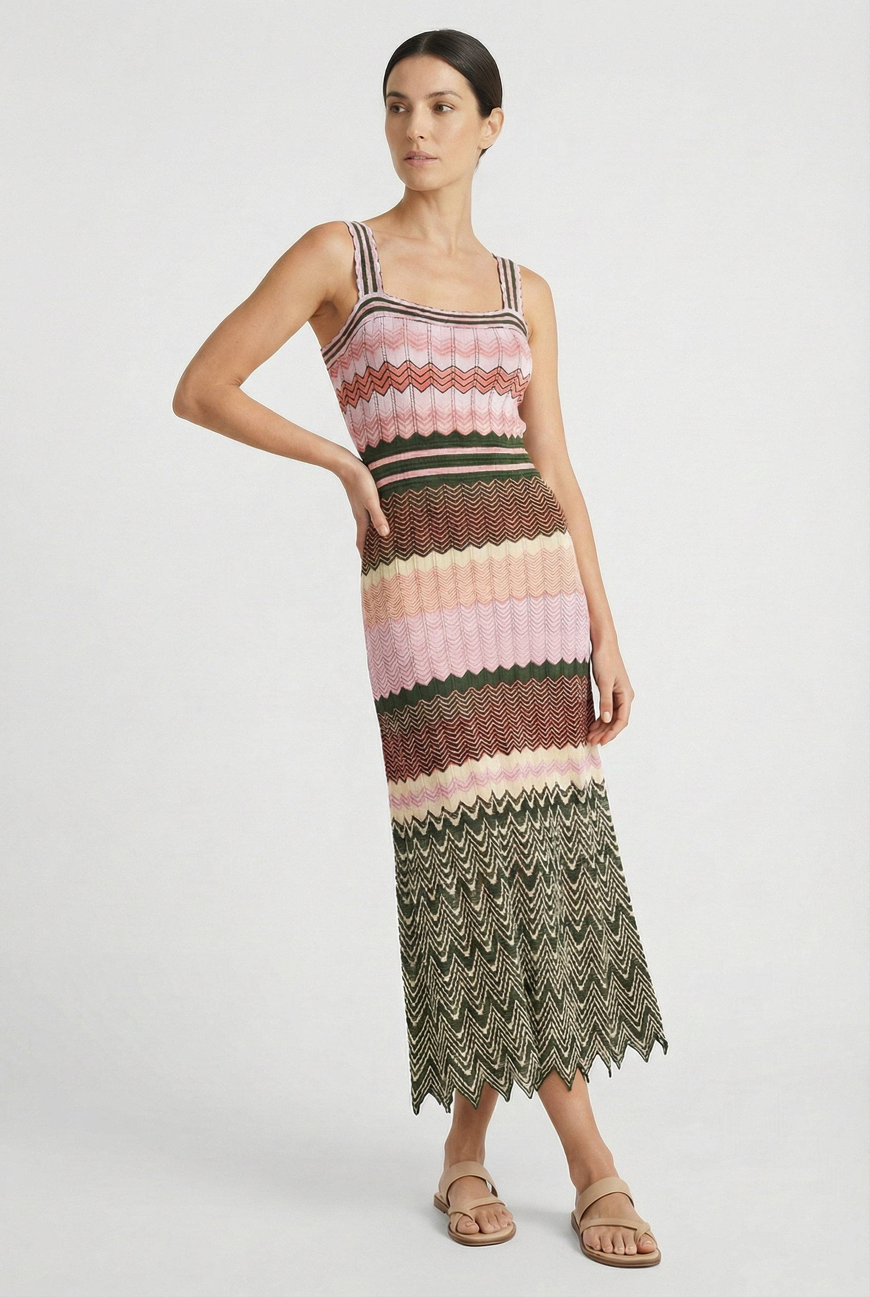 Pink chevron sleeveless maxi dress, scoop neck, zigzag knit hem detail