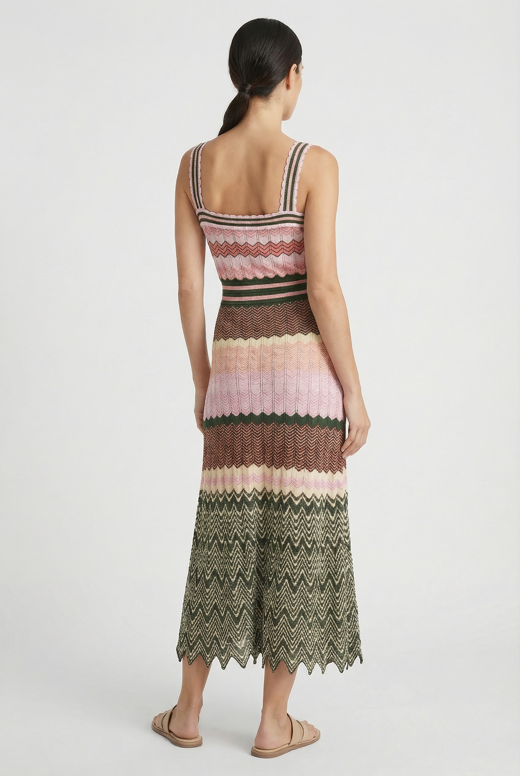 Back view pink chevron sleeveless maxi dress, scoop back, zigzag knit skirt