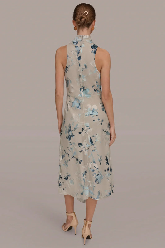 Back view of sleeveless Sea Mist multi midi dress with blue floral burnout, high neckline.