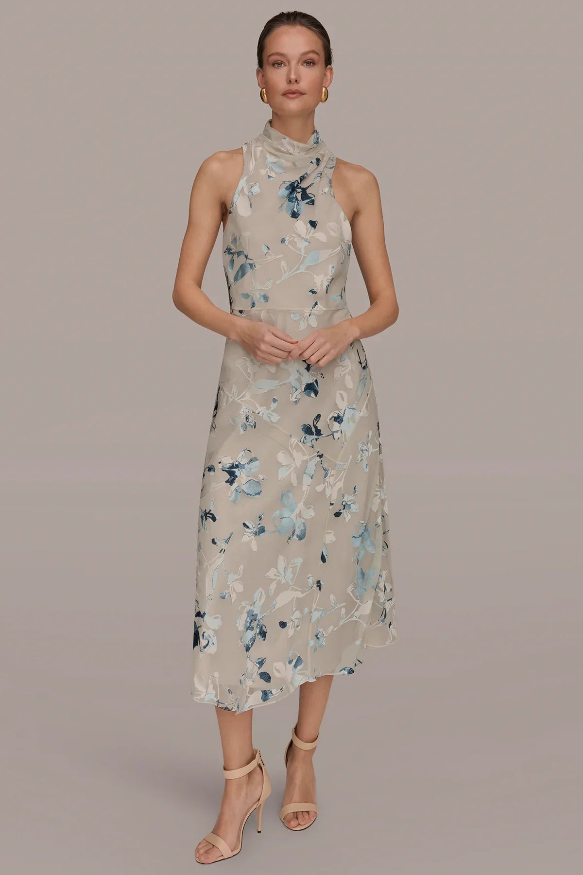 Front view of Sea Mist multi sleeveless midi dress with blue floral burnout, high neckline.