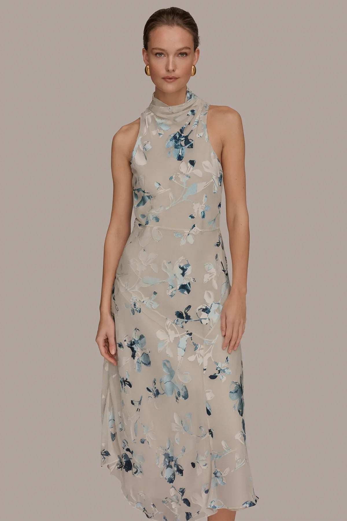 Sea Mist multi sleeveless midi dress with blue floral burnout print, mock neck detail.