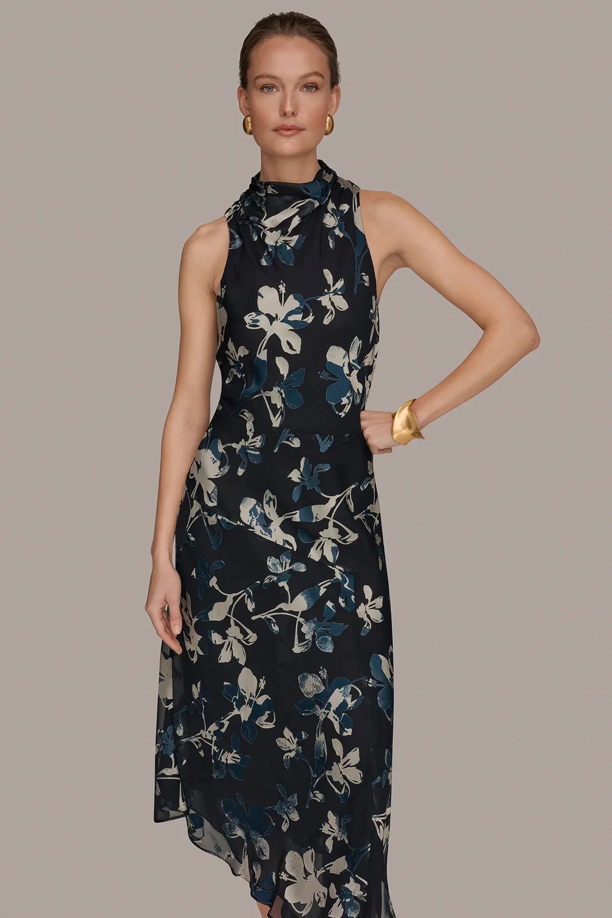 Sleeveless midi dress in dark NightFall multi with light floral burnout pattern, high neck.