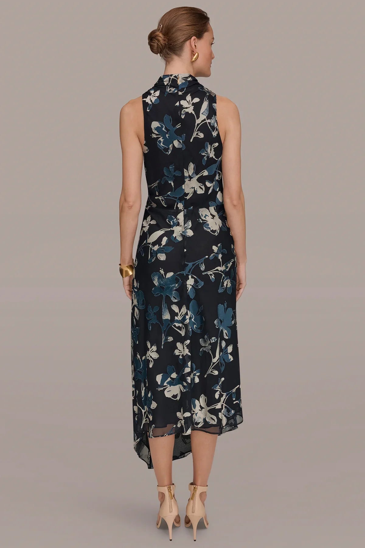 Back view of dark NightFall multi sleeveless midi dress with light floral burnout, high neck.