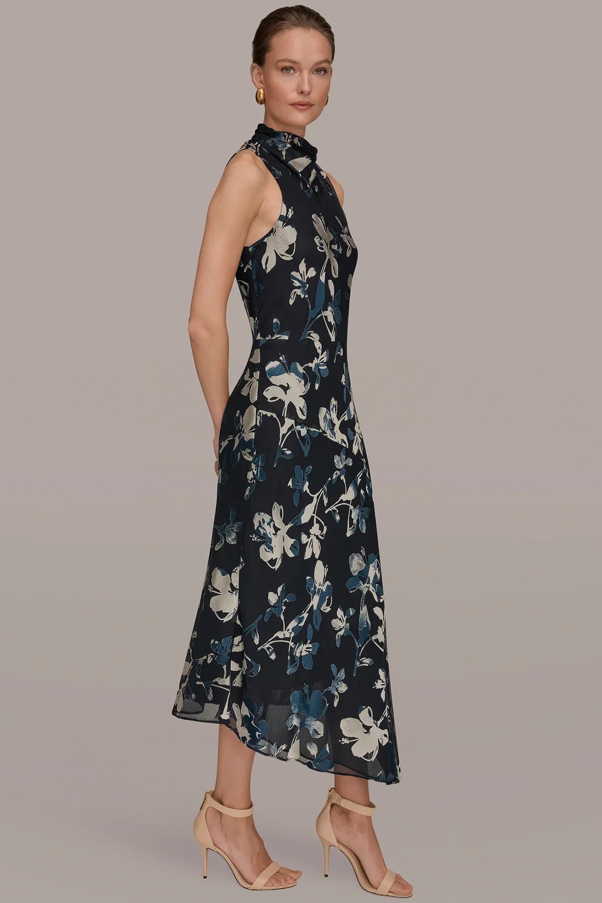Navy sleeveless midi dress with floral burnout pattern and high neck
