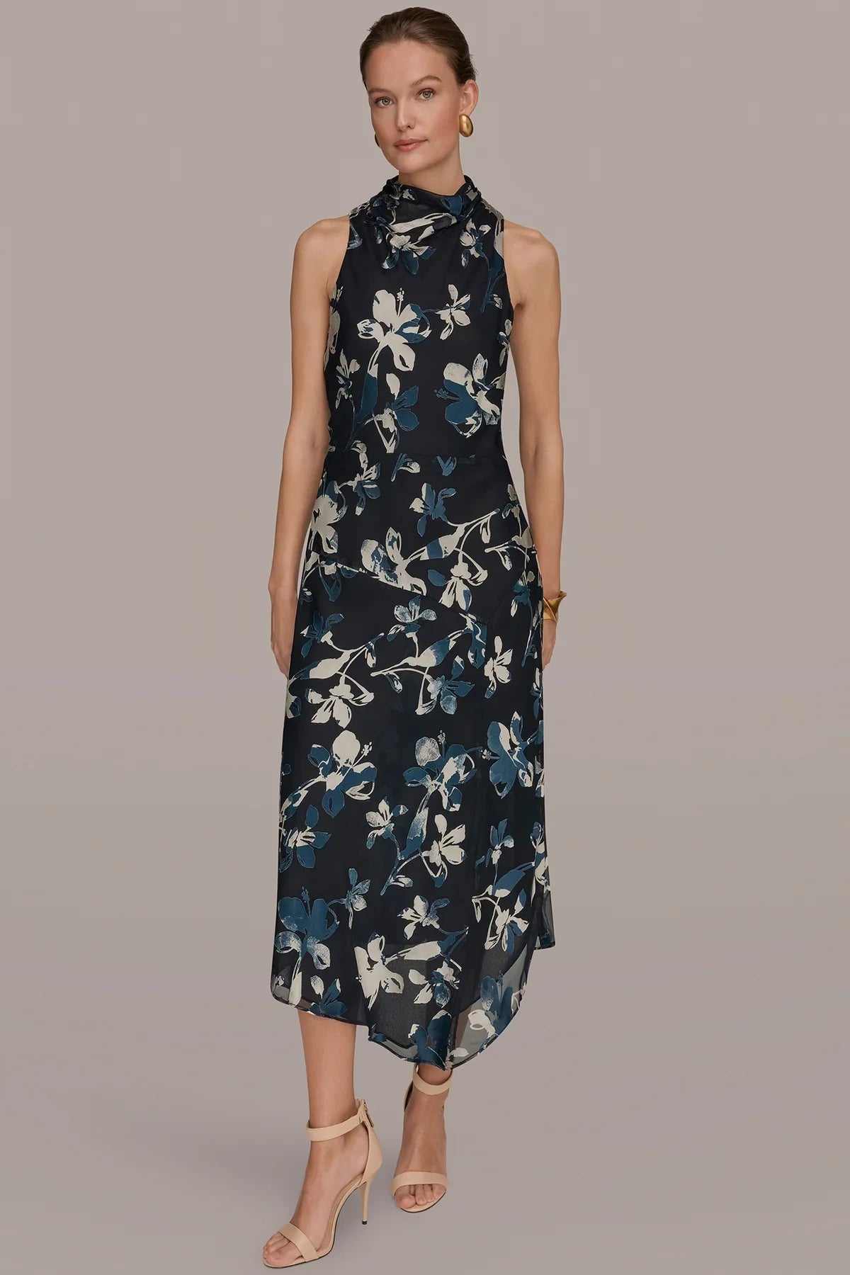 Navy sleeveless midi dress with high neckline and blue-and-cream floral print