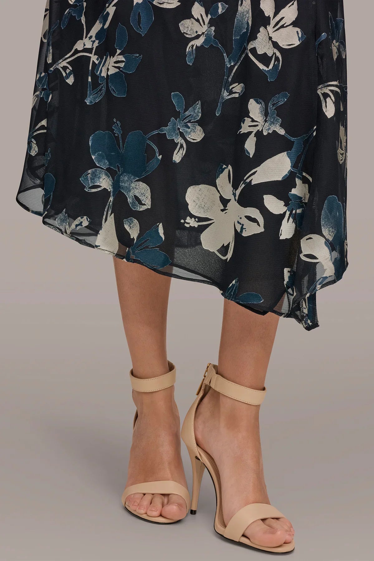 Floral burnout midi dress in dark navy with flowy skirt and mid-calf hem